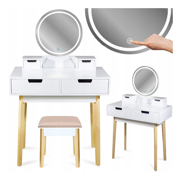 Masa de toaleta machiaj cu taburet si oglinda rotunda cu LED - alb/ lemn