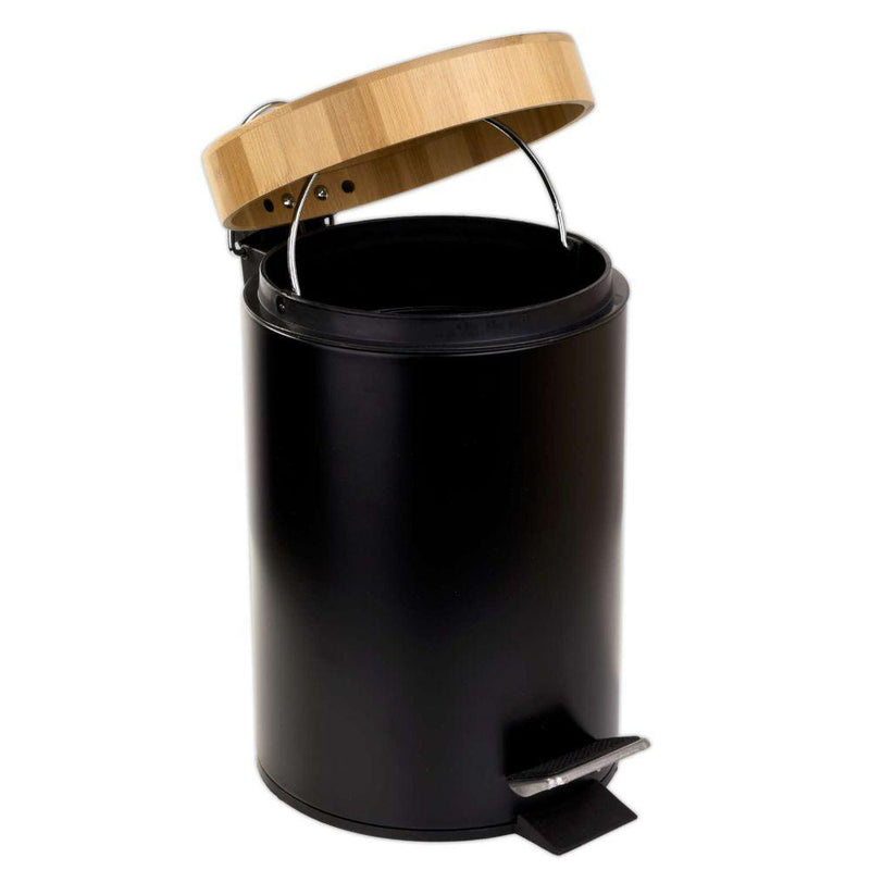 Cos de gunoi cu pedala din metal negru capac bambus 3l