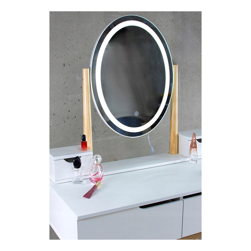 Masa de toaleta machiaj cu taburet si oglinda ovala cu LED - alb/ lemn