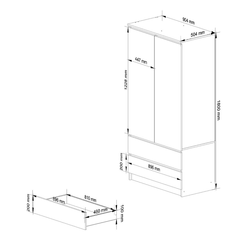 Dulap haine cu 2 usi cu oglinda si 2 sertare 90 x 51 x 180 cm arin