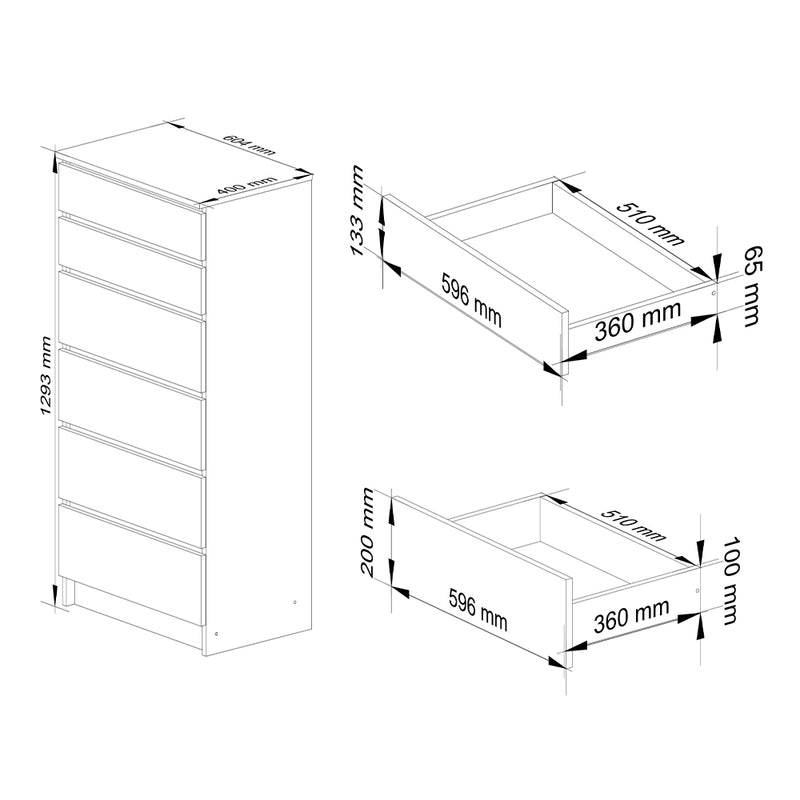 Comoda cu 6 sertare 60 x 40 x 130 cm alb