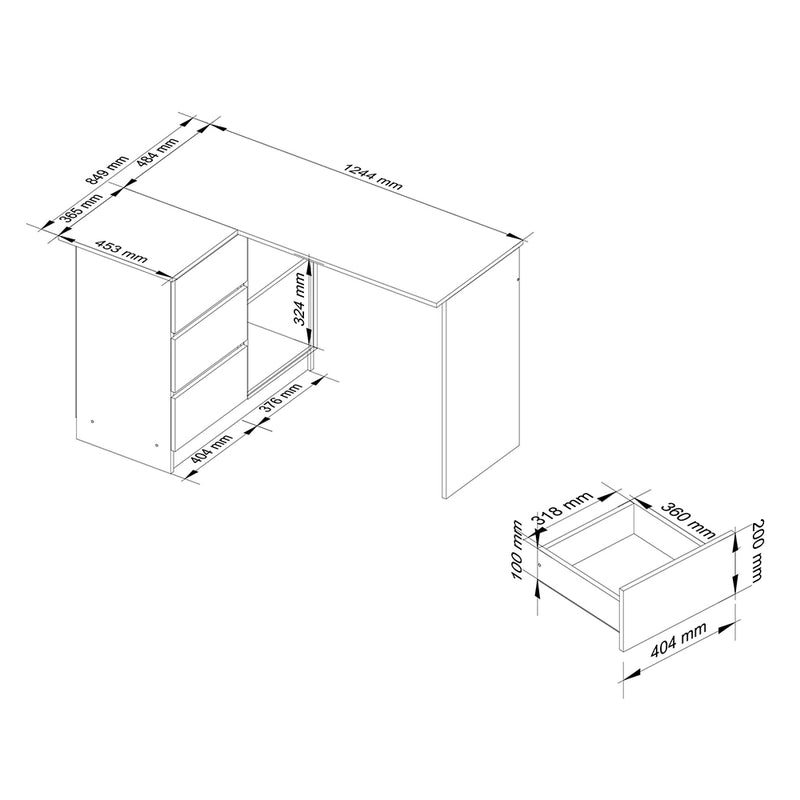 Birou calculator pe colt stanga cu 3 sertare si 2 rafturi 124 x 77 x 85 cm alb, gri lucios