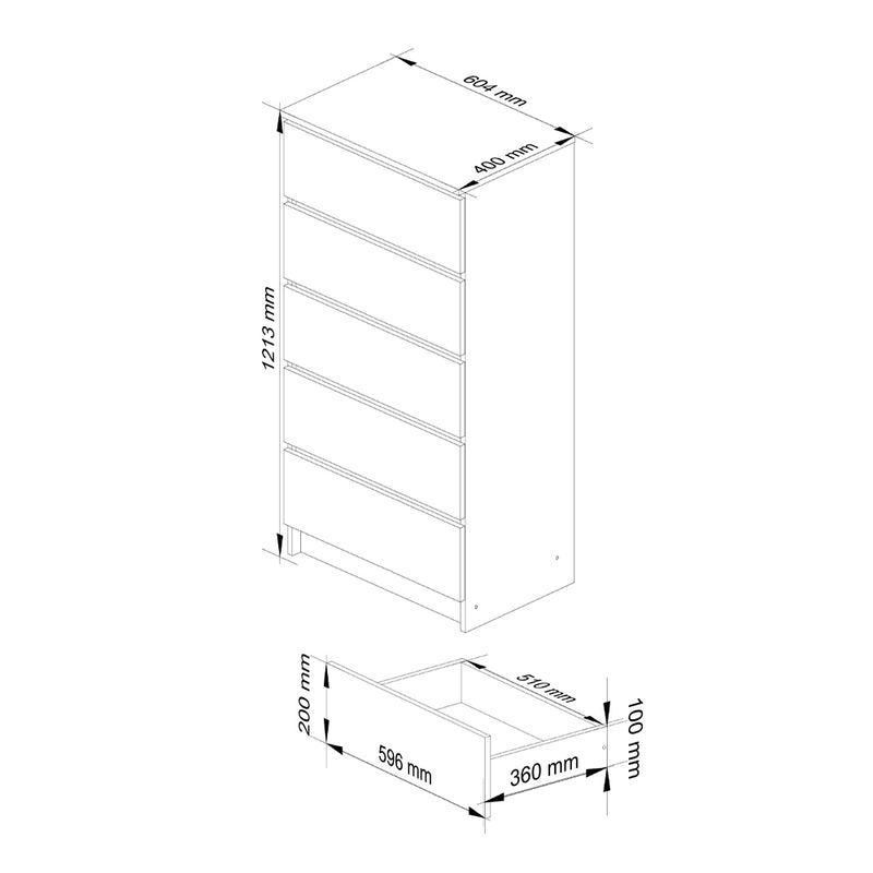 Comoda cu 5 sertare 60 x 40 x 121 cm alb, gri antracit