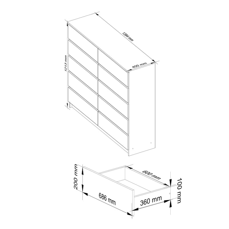 Comoda cu 10 sertare 138 x 121 x 40 cm alb, alb lucios