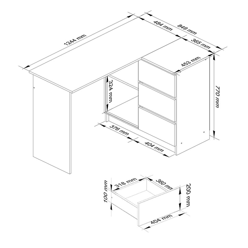 Birou calculator pe colt cu 3 sertare si 2 rafturi 124 x 77 x 85 cm stejar craft