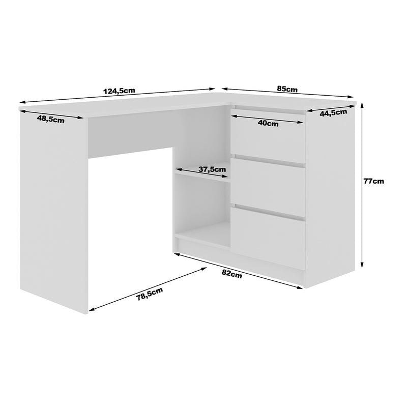 Birou calculator pe colt cu 3 sertare si 2 rafturi 124 x 77 x 85 cm stejar craft