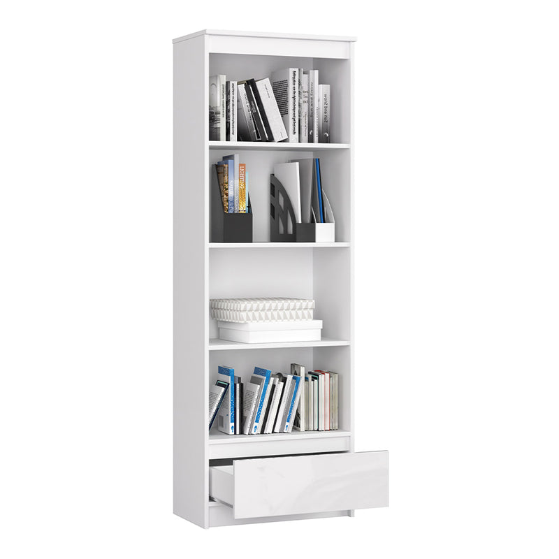 Dulap biblioteca cu 4 rafturi si 1 sertar 60 x 35 x 180 cm alb, alb lucios