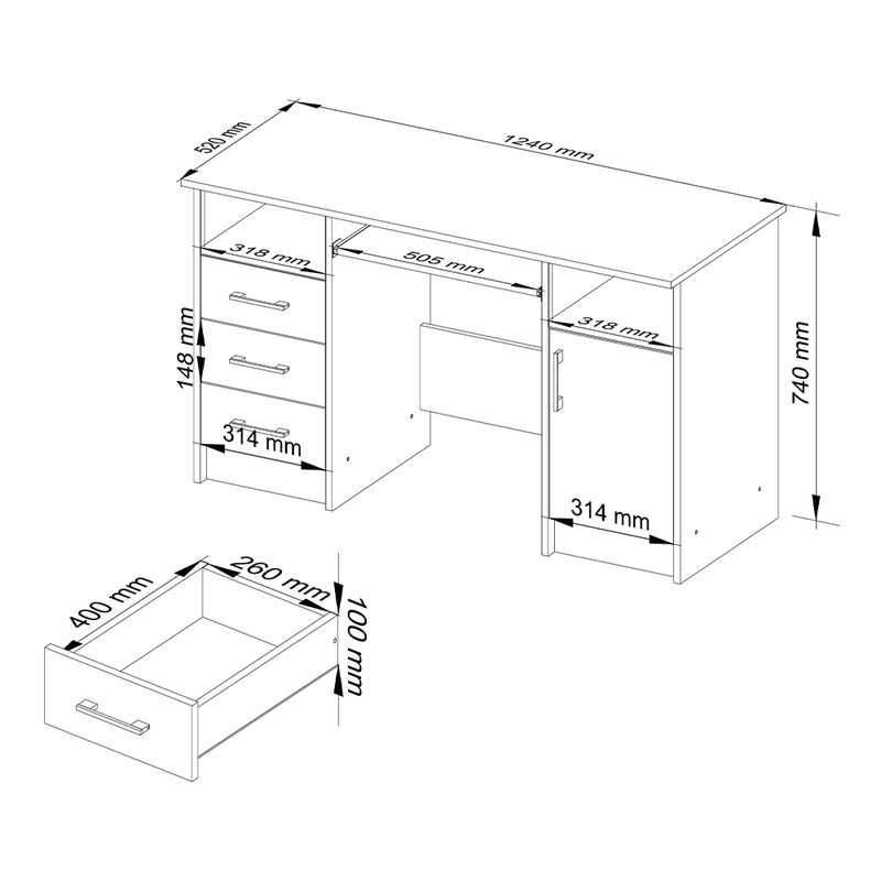 Birou calculator Ana cu 1 usa 3 sertare si 4 rafturi 124 x 74 x 52 cm alb