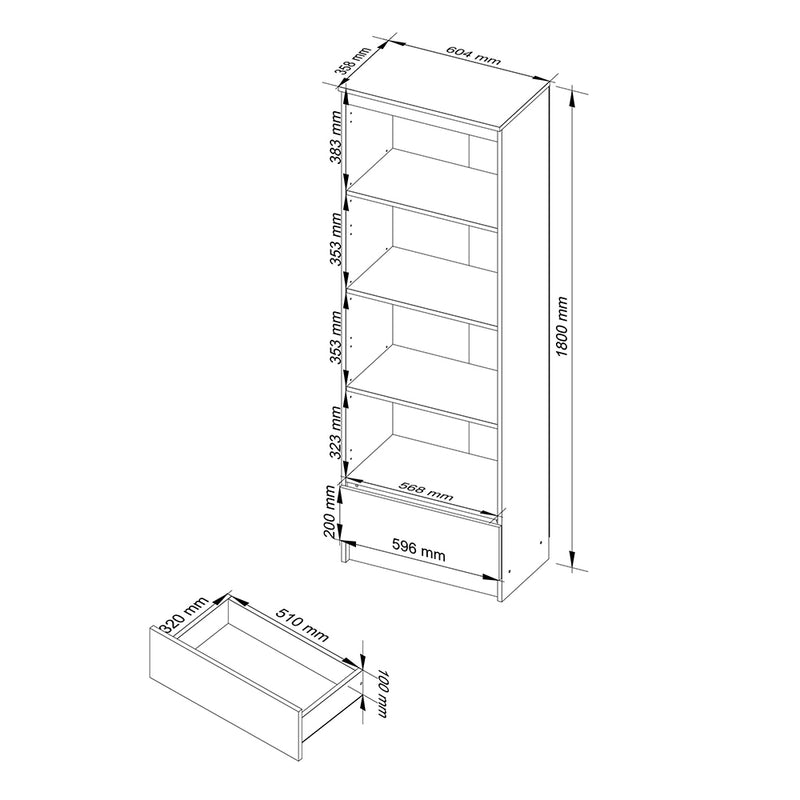 Dulap biblioteca cu 4 rafturi si 1 sertar 60 x 35 x 180 cm alb, alb lucios