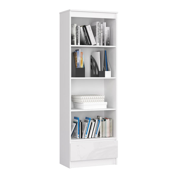 Dulap biblioteca cu 4 rafturi si 1 sertar 60 x 35 x 180 cm alb, alb lucios