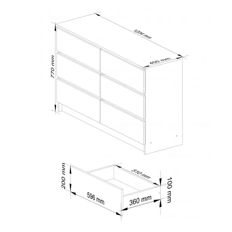 Comoda 6 sertare 120 x 77 x 40 cm alb, alb lucios