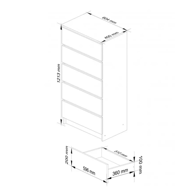 Comoda cu 5 sertare 60 x 40 x 121 cm alb, alb lucios