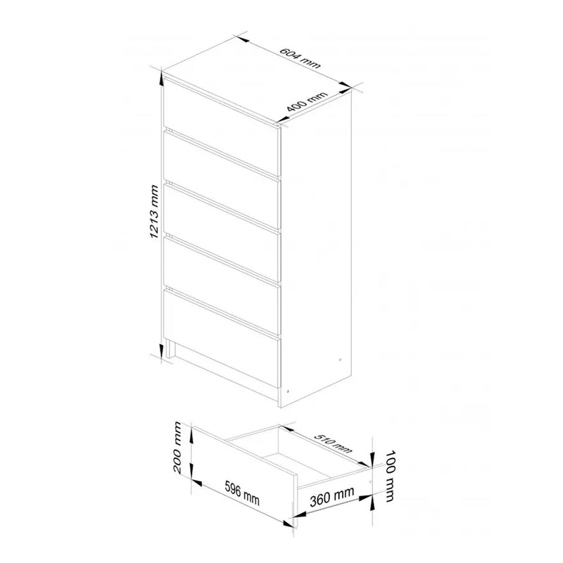 Comoda cu 5 sertare 60 x 121 x 40 cm alb, gri lucios