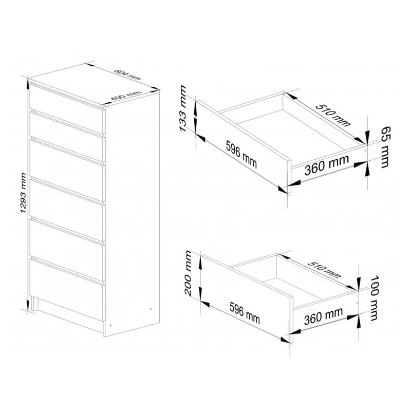 Comoda cu 6 sertare 60 x 40 x 130 cm alb, gri lucios