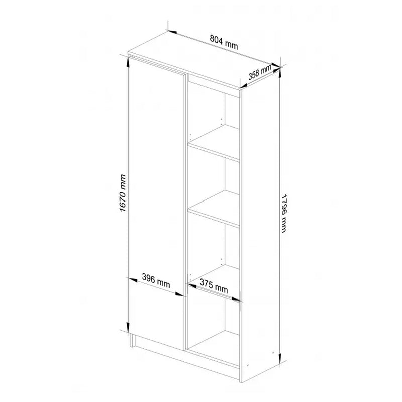 Dulap biblioteca cu 1 usa si 4 rafturi 80 x 180 x 35 cm alb, alb lucios