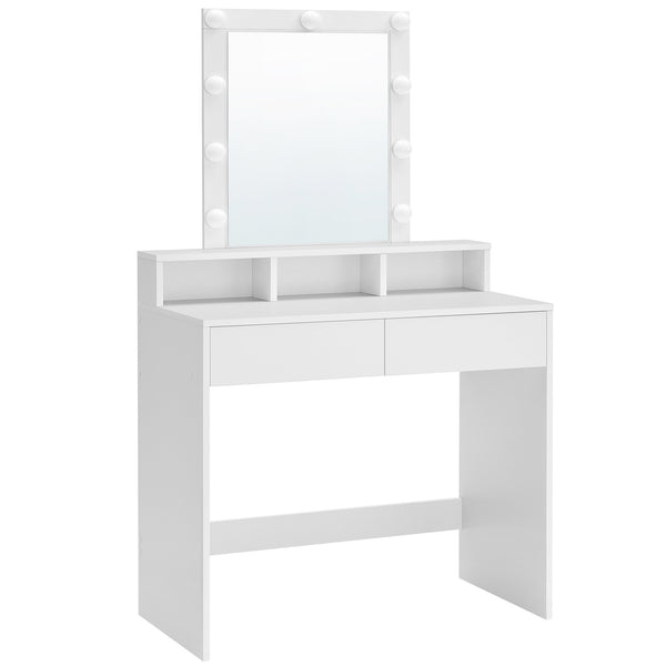 Masa de toaleta machiaj Vasagle cu oglinda si becuri, 2 sertare si 3 compartimente de depozitare 80 x 40 x 145 cm alb