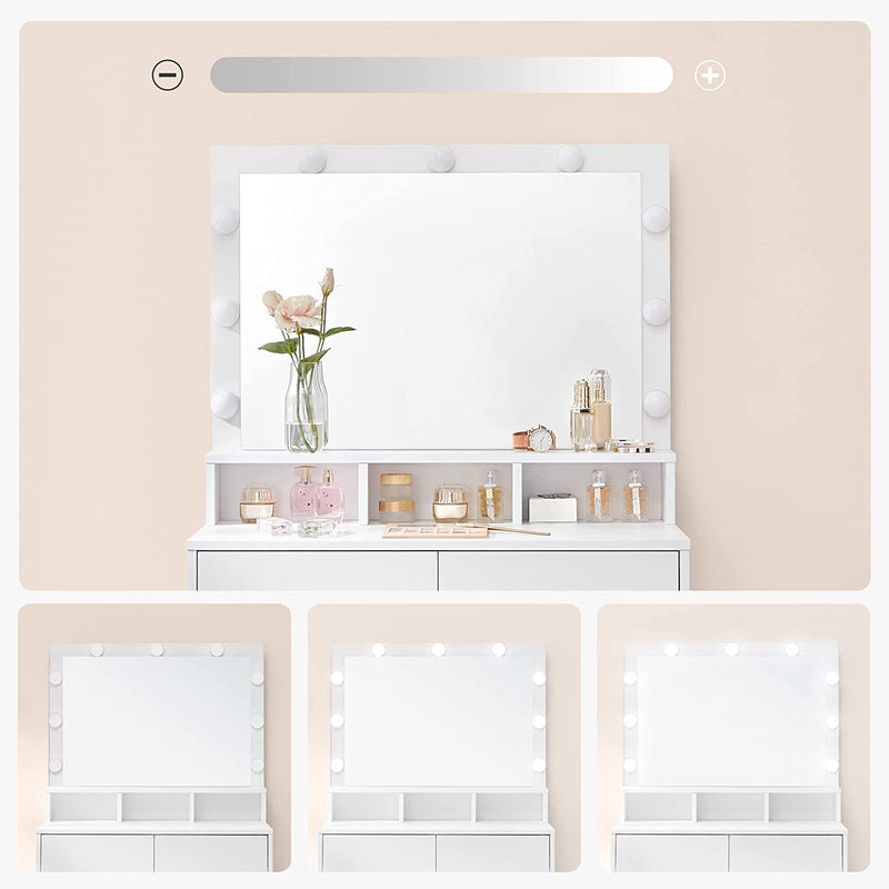 Masa toaleta de machiaj Vasagle oglinda cu LED, 2 sertare si 3 compartimente de depozitare, alb