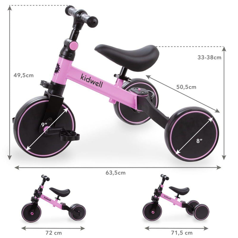 Tricicleta pliabila transformabila in bicicleta de echilibru fara pedale kidwell 3 in 1 pico roz